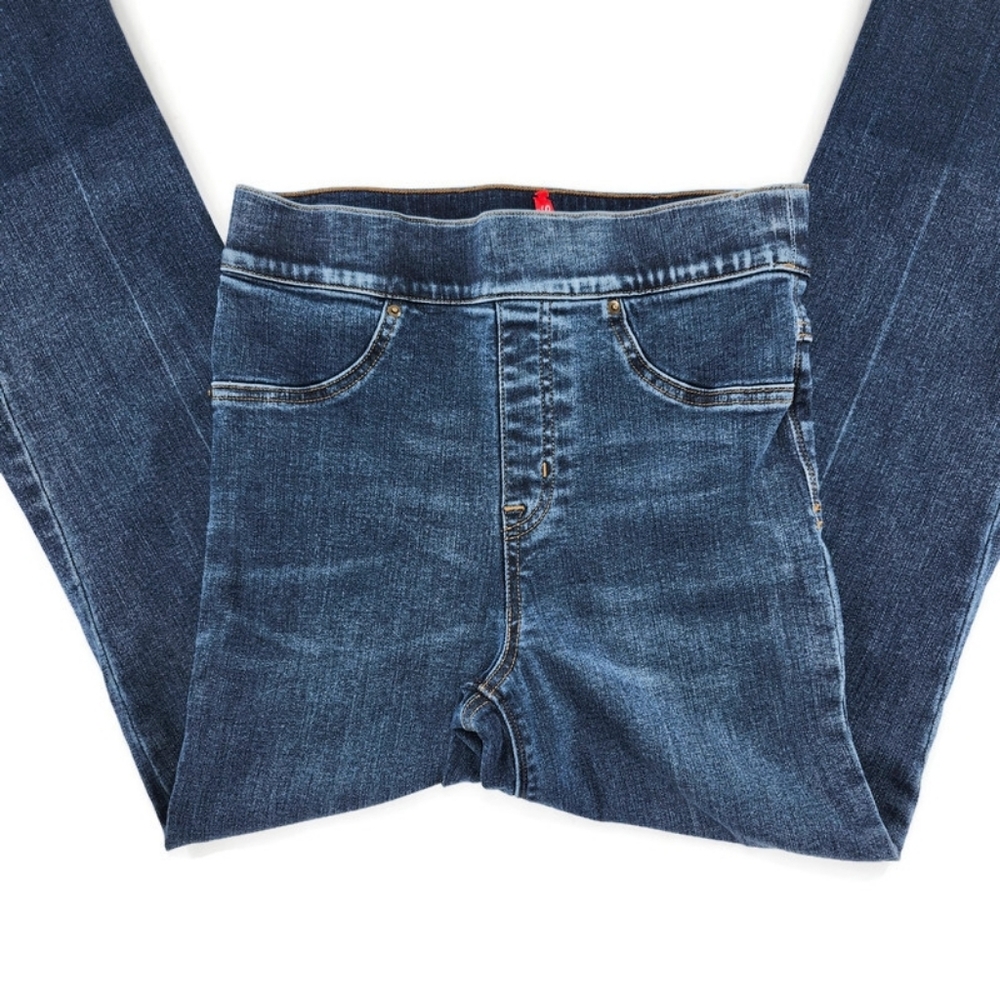 Spanx Medium Blue Wash High-Rise Dip-Dye Raw Hem Cropped Flare Denim Jeans - Picture 3 of 11
